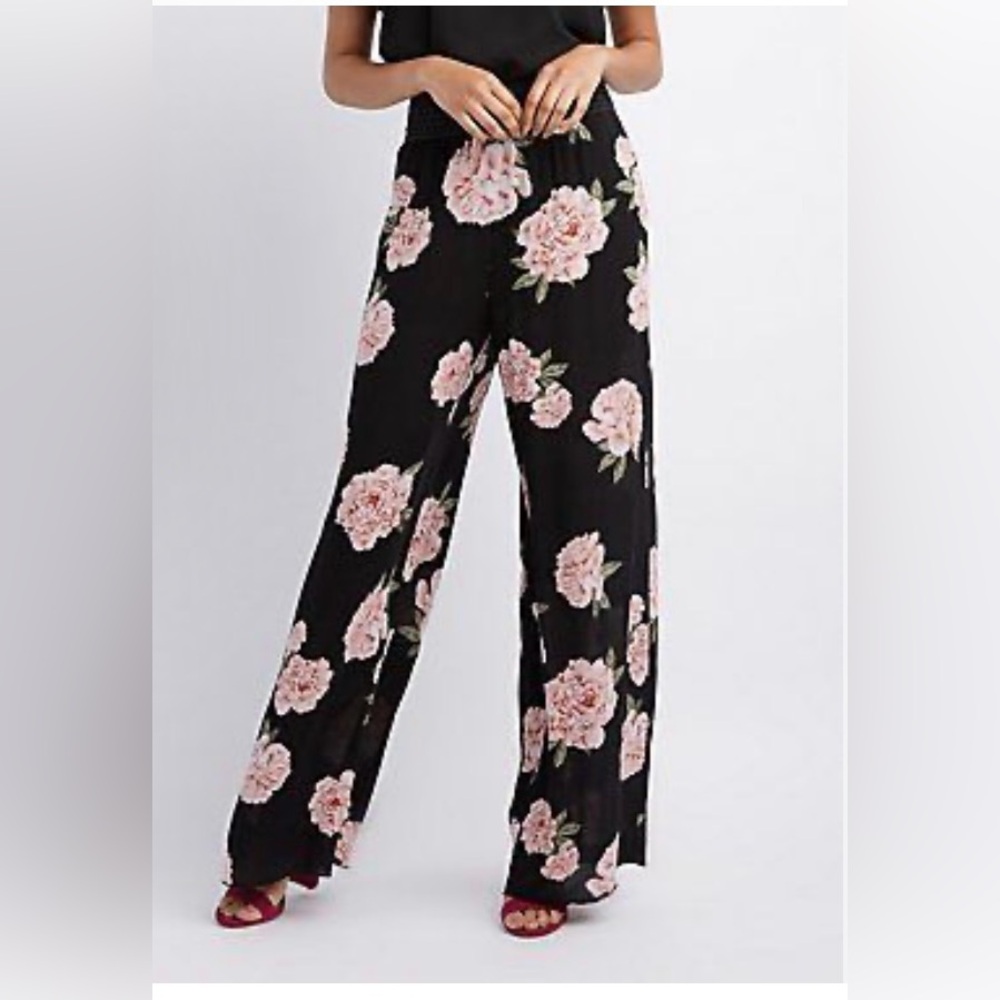 Charlotte Russe Black Floral Wide Leg Pants